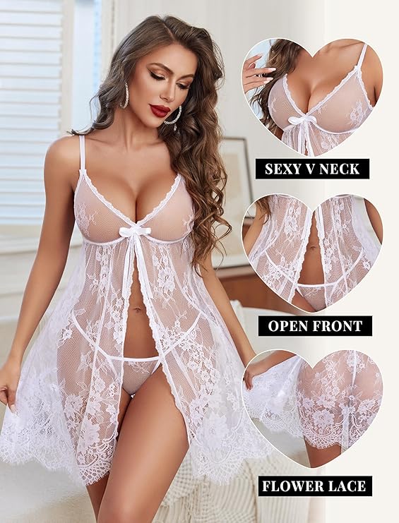 Sexy Lingerie Open Front Lace Babydoll Dress V Neck Chemise Negligee Honeymoon