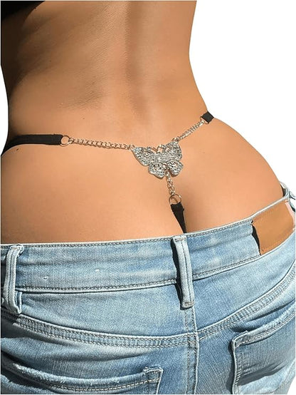 Women's Sparkling Butterfly Chain Underwear Low Rise Cheeky G String Panty