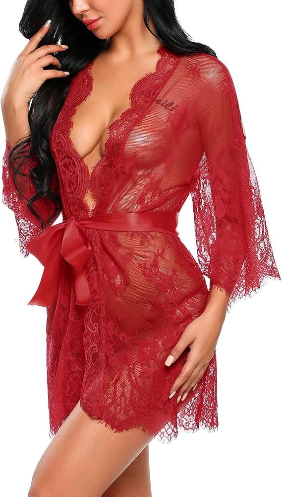 Lace Kimono Robe Babydoll Lingerie Mesh Nightgown S-5XL