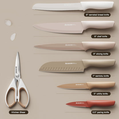 Knife Set, 13 Pieces Kitchen Knives Set with Healthy Anti-Rust Coating, Dishwasher Safe, Stainless Steel Chef Knife Sets with 6 Blade Guards