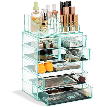 Acrylic Makeup Organizer Set, 7-Drawer Vanity & Countertop Cosmetic Storage with Small & Wide Compartments, Clear Makeup Storage for Brushes, Lipsticks, Jewelry