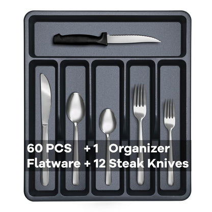 Stainless Steel Flatware with Steak Knives, Forks, Spoons, Knives - Dishwasher Safe for Home or Restaurant