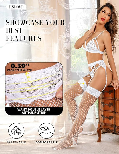 Lace Top Fishnet Thigh-High Stockings with Antiskid Silicone Sexy Stay Up Tights Pantyhose