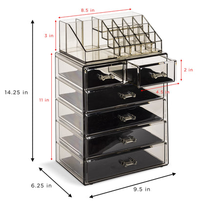 Acrylic Makeup Organizer Set, 7-Drawer Vanity & Countertop Cosmetic Storage with Small & Wide Compartments, Clear Makeup Storage for Brushes, Lipsticks, Jewelry