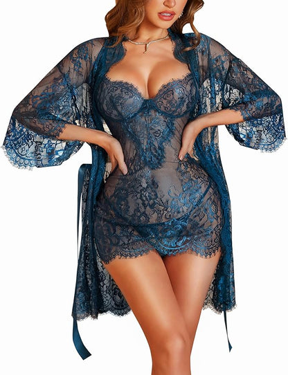 Lingerie Sets for Women Sexy - 3 Piece Babydoll Lace Kimono Robe Chemise Nightwear Exotic Sleepwear Mesh Nightgown