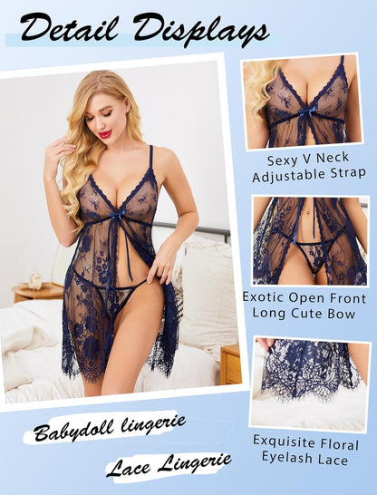 Sexy Lingerie Open Front Lace Babydoll Dress V Neck Chemise Negligee Honeymoon