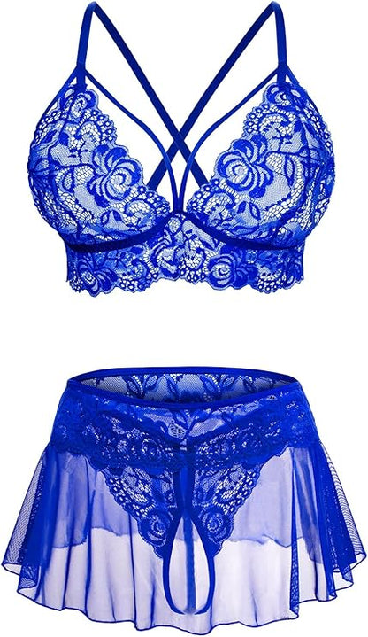Sexy Lingerie for Women Naughty 3 Piece Lace Bralette, Mini Skirt with G-String Crotchless Lingerie Outfits
