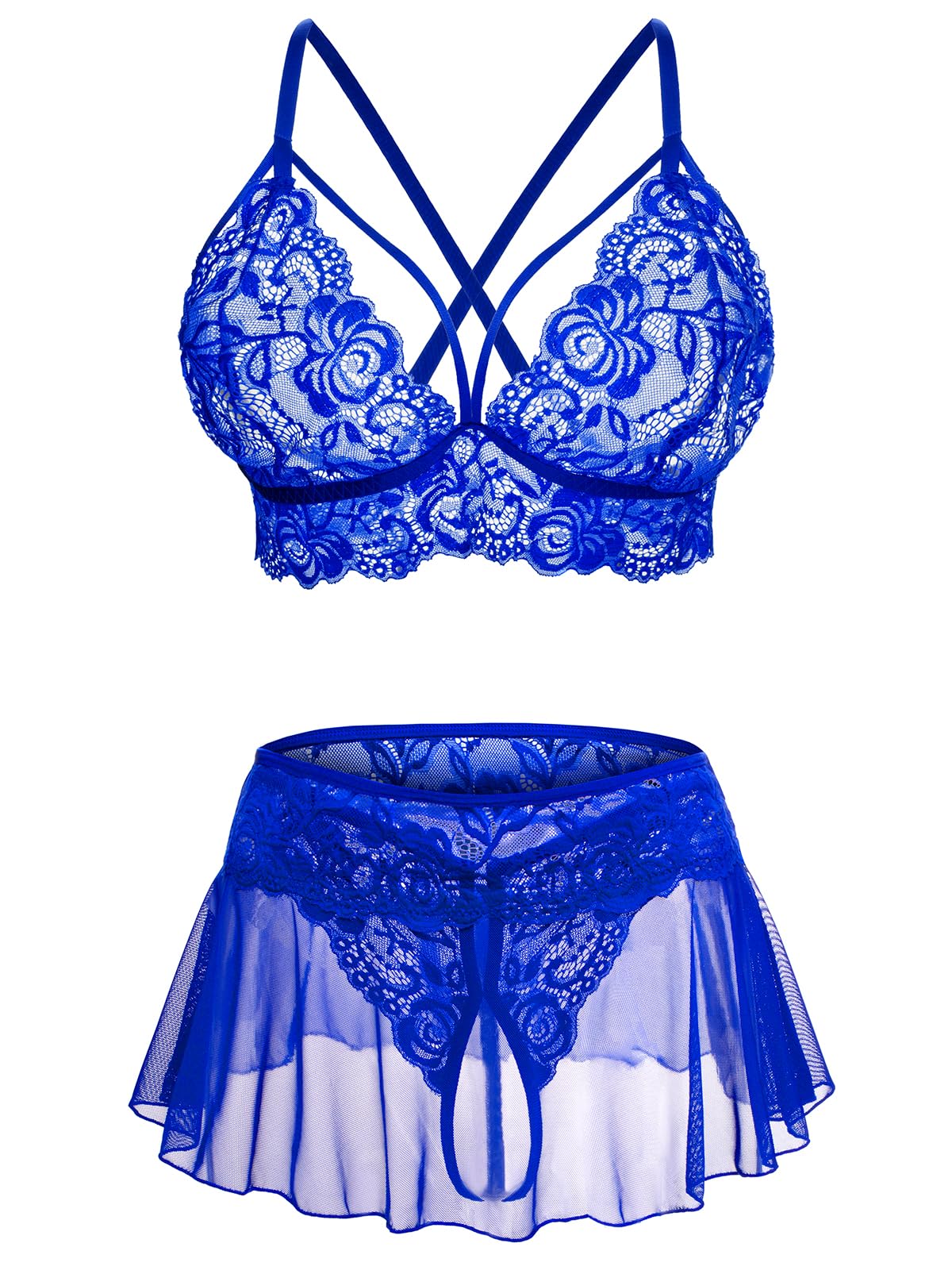 Sexy Lingerie for Women Naughty 3 Piece Lace Bralette, Mini Skirt with G-String Crotchless Lingerie Outfits