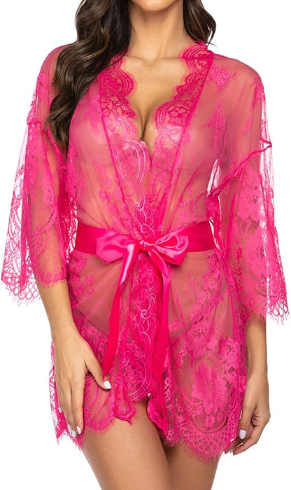 Lace Kimono Robe Babydoll Lingerie Mesh Nightgown S-5XL