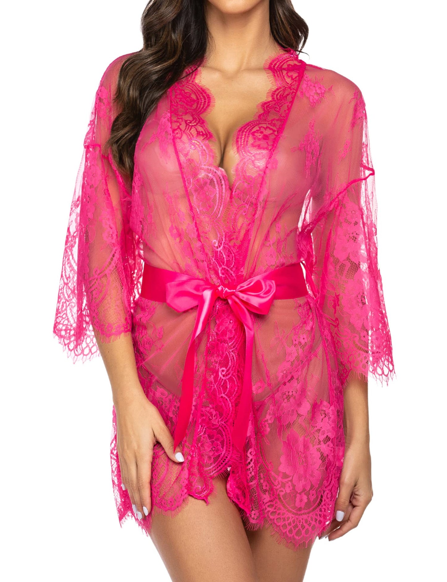 Lace Kimono Robe Babydoll Lingerie Mesh Nightgown S-5XL