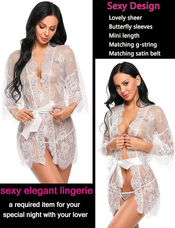 Lace Kimono Robe Babydoll Lingerie Mesh Nightgown S-5XL