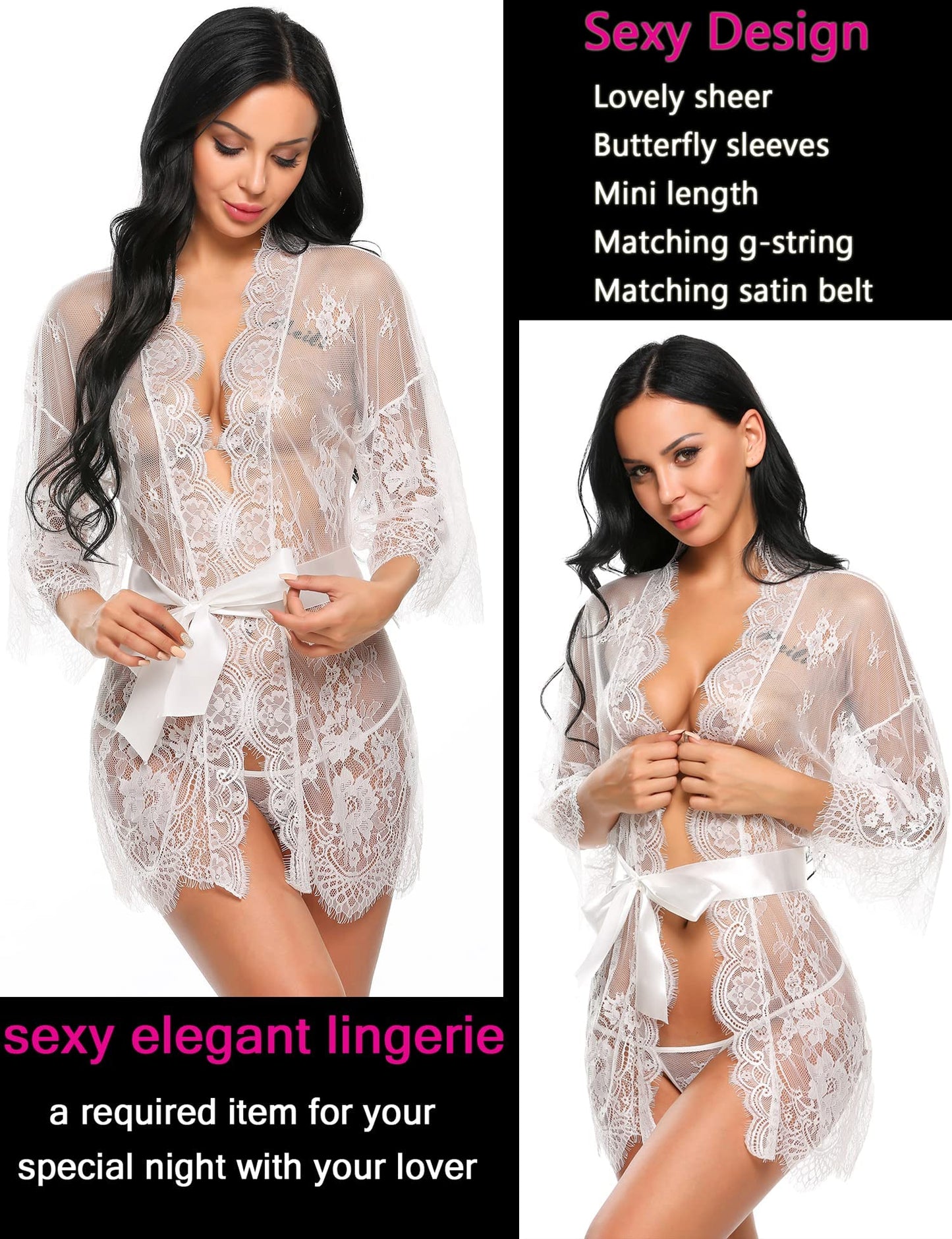Lace Kimono Robe Babydoll Lingerie Mesh Nightgown S-5XL