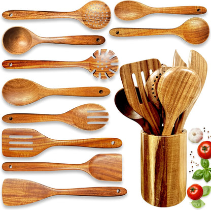 Wooden Utensil Set – Natural Teak Wooden Kitchen Utensils Set with Sturdy, Easy-to-Clean Wooden Spoons for Cooking – Non-Scratch Teak Cooking Utensils (11 pcs)
