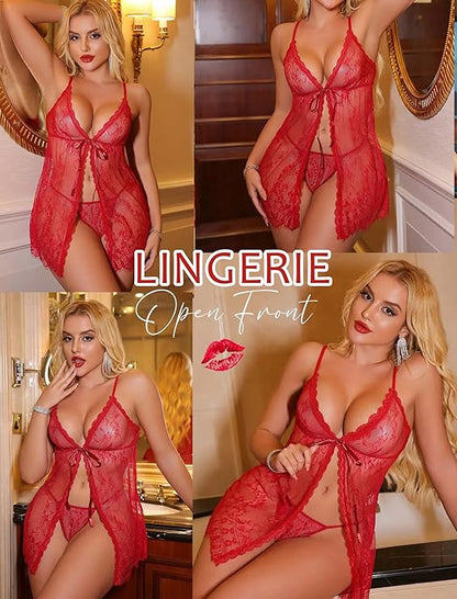 Sexy Lingerie Open Front Lace Babydoll Dress V Neck Chemise Negligee Honeymoon