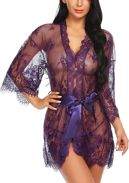 Lace Kimono Robe Babydoll Lingerie Mesh Nightgown S-5XL