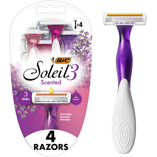 BIC Soleil 3 Scented Women’s Disposable Razor, 3 Blades with a Moisture Strip For a Silky Shave, Assorted, 4 Piece Razor Set