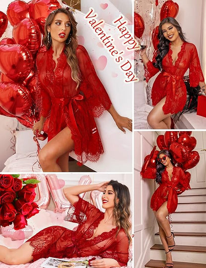 Lace Kimono Robe Babydoll Lingerie Mesh Nightgown S-5XL