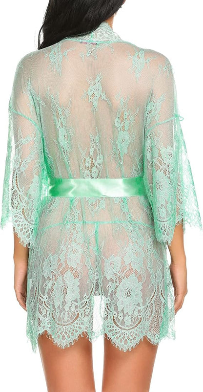 Lace Kimono Robe Babydoll Lingerie Mesh Nightgown S-5XL