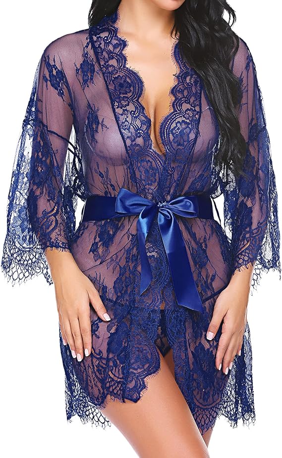 Lace Kimono Robe Babydoll Lingerie Mesh Nightgown S-5XL