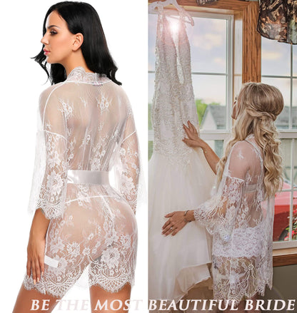 Lace Kimono Robe Babydoll Lingerie Mesh Nightgown S-5XL
