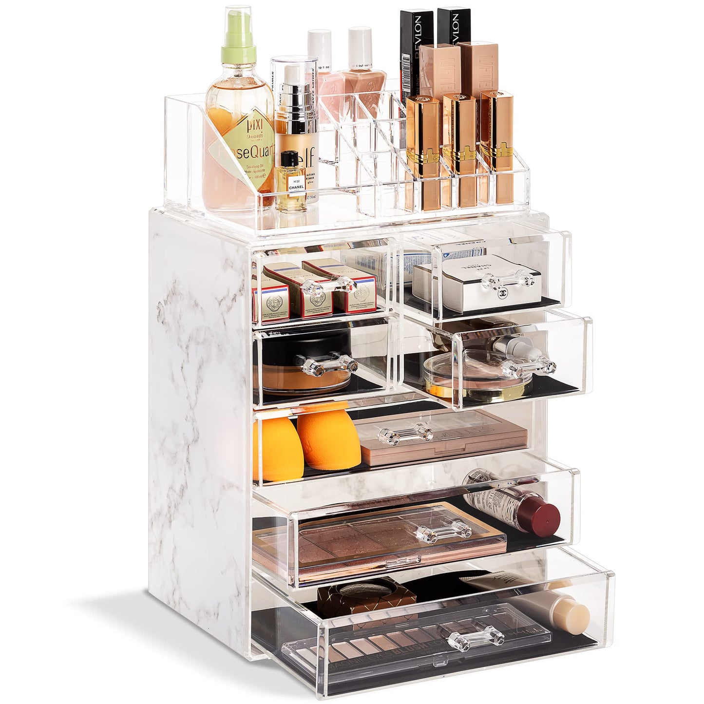 Acrylic Makeup Organizer Set, 7-Drawer Vanity & Countertop Cosmetic Storage with Small & Wide Compartments, Clear Makeup Storage for Brushes, Lipsticks, Jewelry