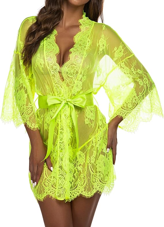 Lace Kimono Robe Babydoll Lingerie Mesh Nightgown S-5XL