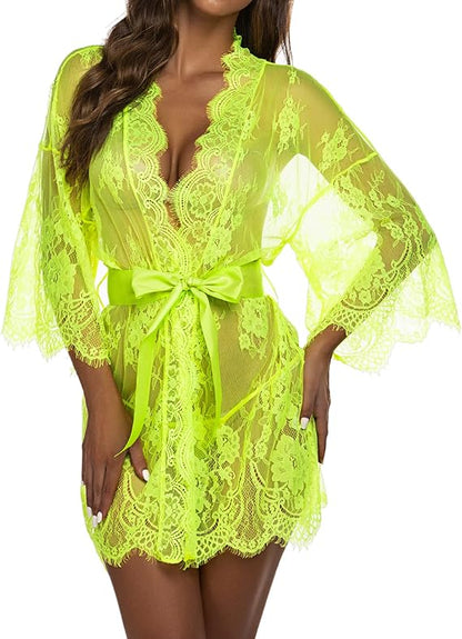 Lace Kimono Robe Babydoll Lingerie Mesh Nightgown S-5XL