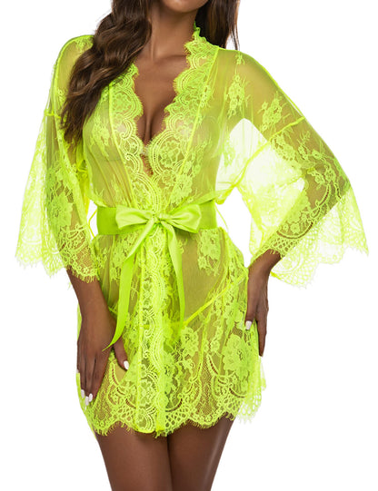 Lace Kimono Robe Babydoll Lingerie Mesh Nightgown S-5XL