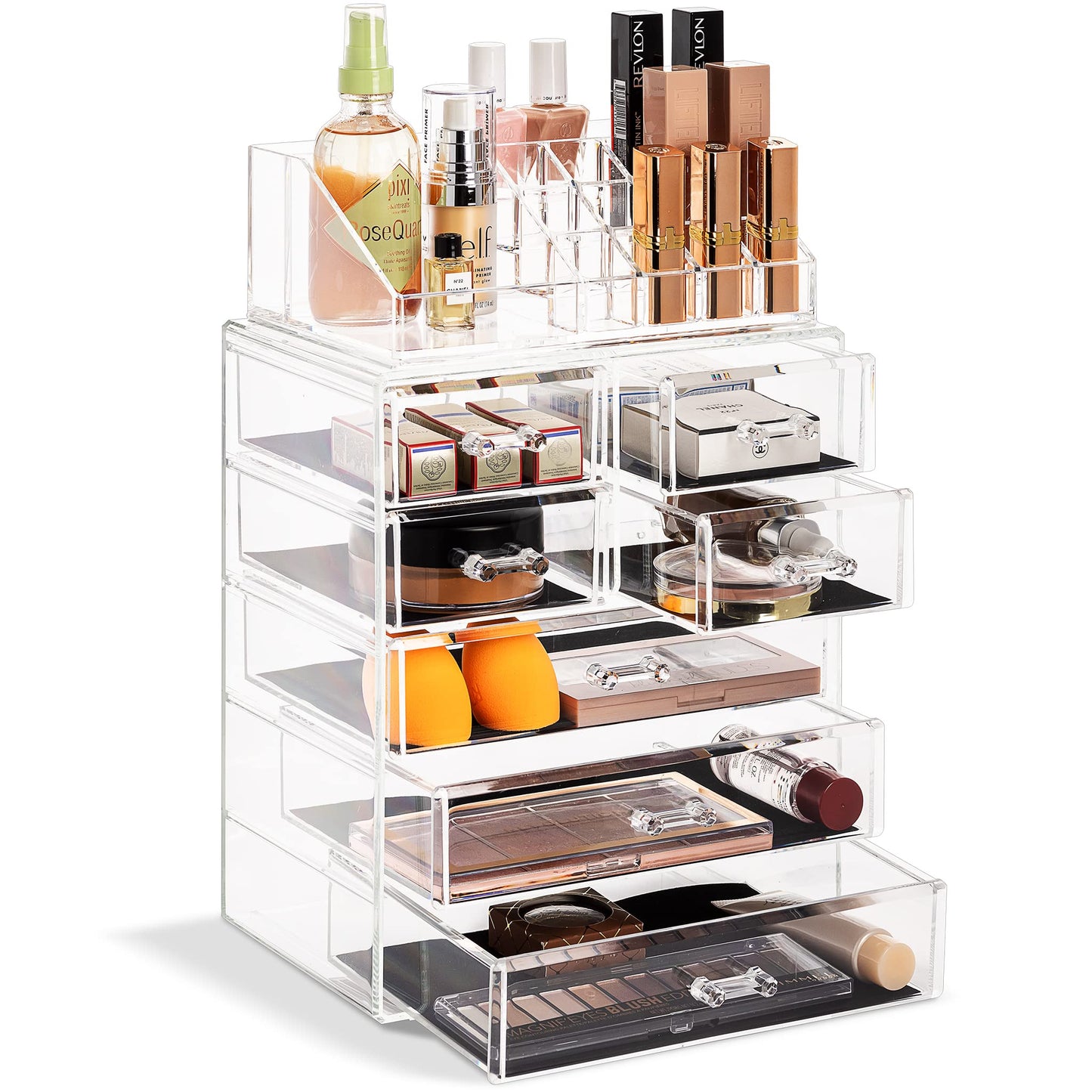Acrylic Makeup Organizer Set, 7-Drawer Vanity & Countertop Cosmetic Storage with Small & Wide Compartments, Clear Makeup Storage for Brushes, Lipsticks, Jewelry