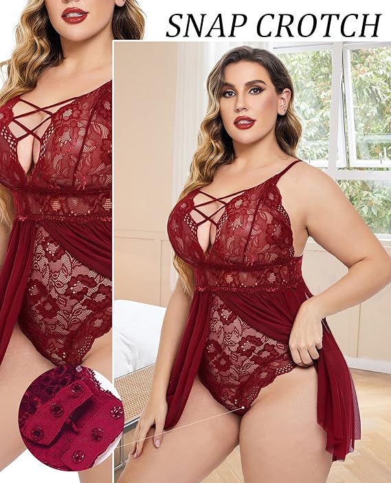 Plus Size Babydoll Womens Snap Crotch Lingerie V Neck Lace Nighty Sleepwear L-5XL