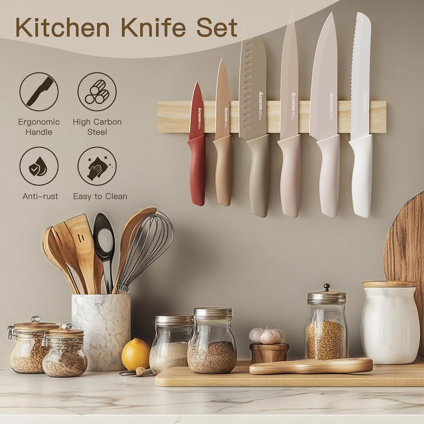 Knife Set, 13 Pieces Kitchen Knives Set with Healthy Anti-Rust Coating, Dishwasher Safe, Stainless Steel Chef Knife Sets with 6 Blade Guards