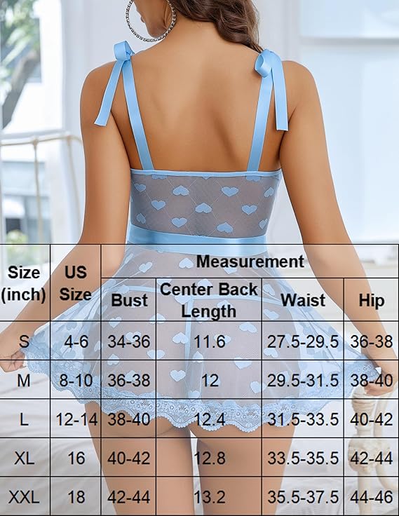 Sexy Lingerie for Women Heart Bow Tie Mesh Babydoll Lingerie Dress Lace Chemise Sleepwear with Belt
