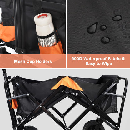 Foldable Wagon Cart, 330lbs Collapsible with Detachable All-Terrain Wheels Cup Holders
