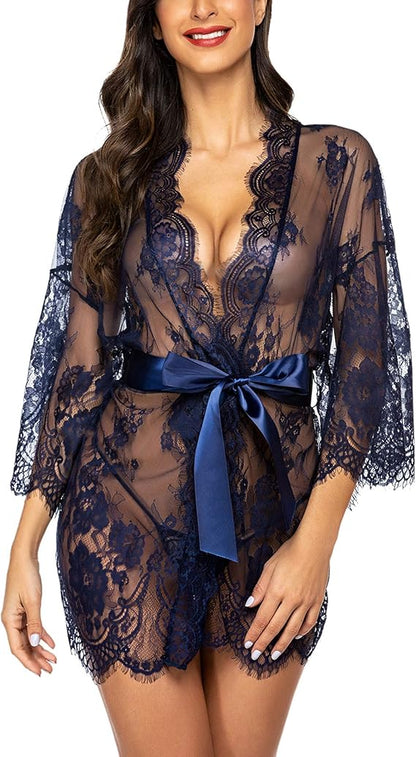 Lace Kimono Robe Babydoll Lingerie Mesh Nightgown S-5XL