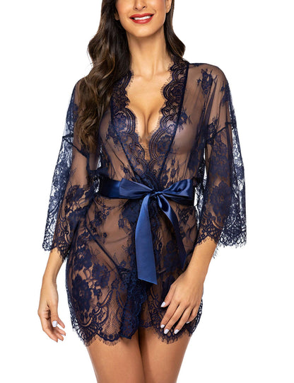 Lace Kimono Robe Babydoll Lingerie Mesh Nightgown S-5XL