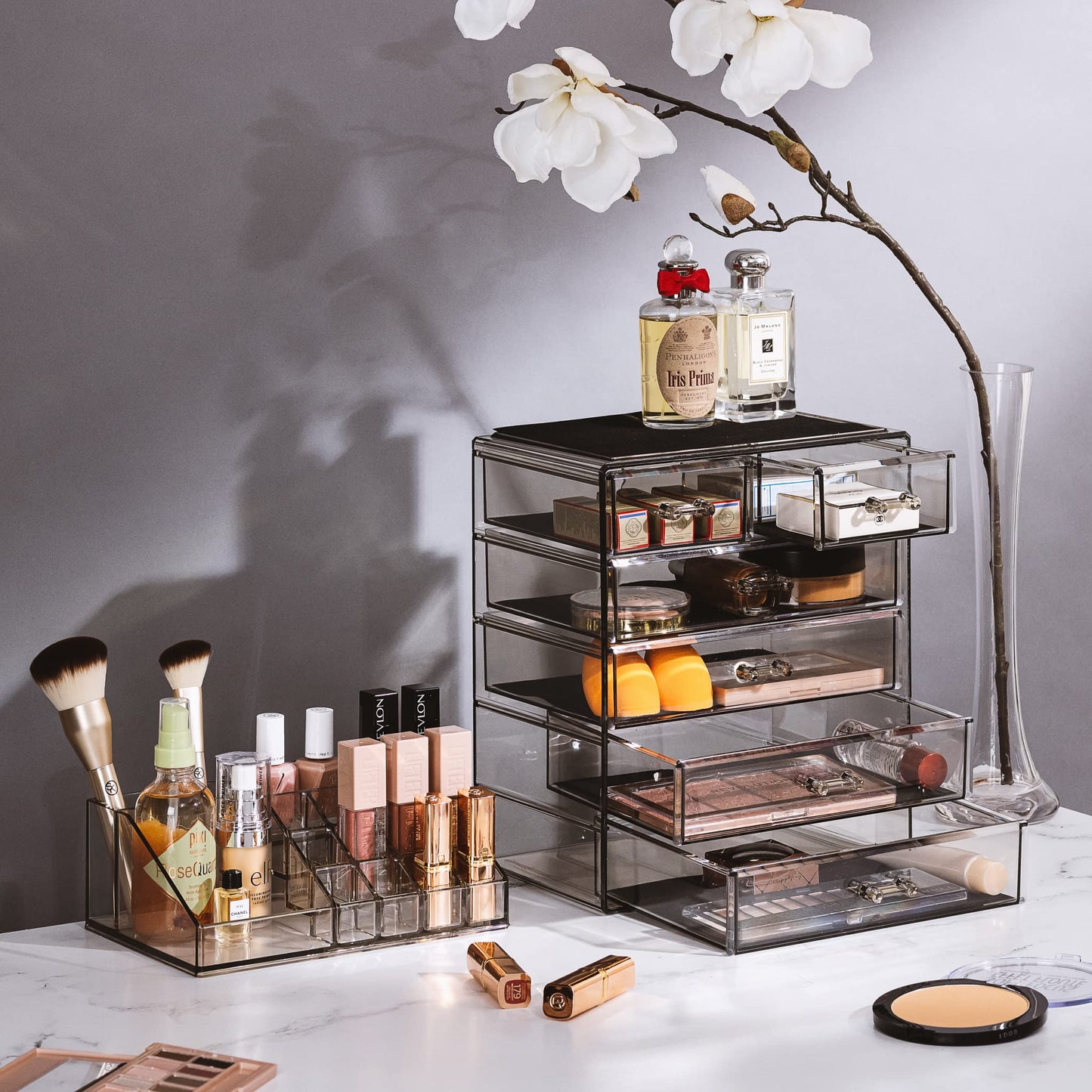 Acrylic Makeup Organizer Set, 7-Drawer Vanity & Countertop Cosmetic Storage with Small & Wide Compartments, Clear Makeup Storage for Brushes, Lipsticks, Jewelry