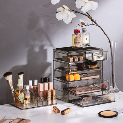 Acrylic Makeup Organizer Set, 7-Drawer Vanity & Countertop Cosmetic Storage with Small & Wide Compartments, Clear Makeup Storage for Brushes, Lipsticks, Jewelry