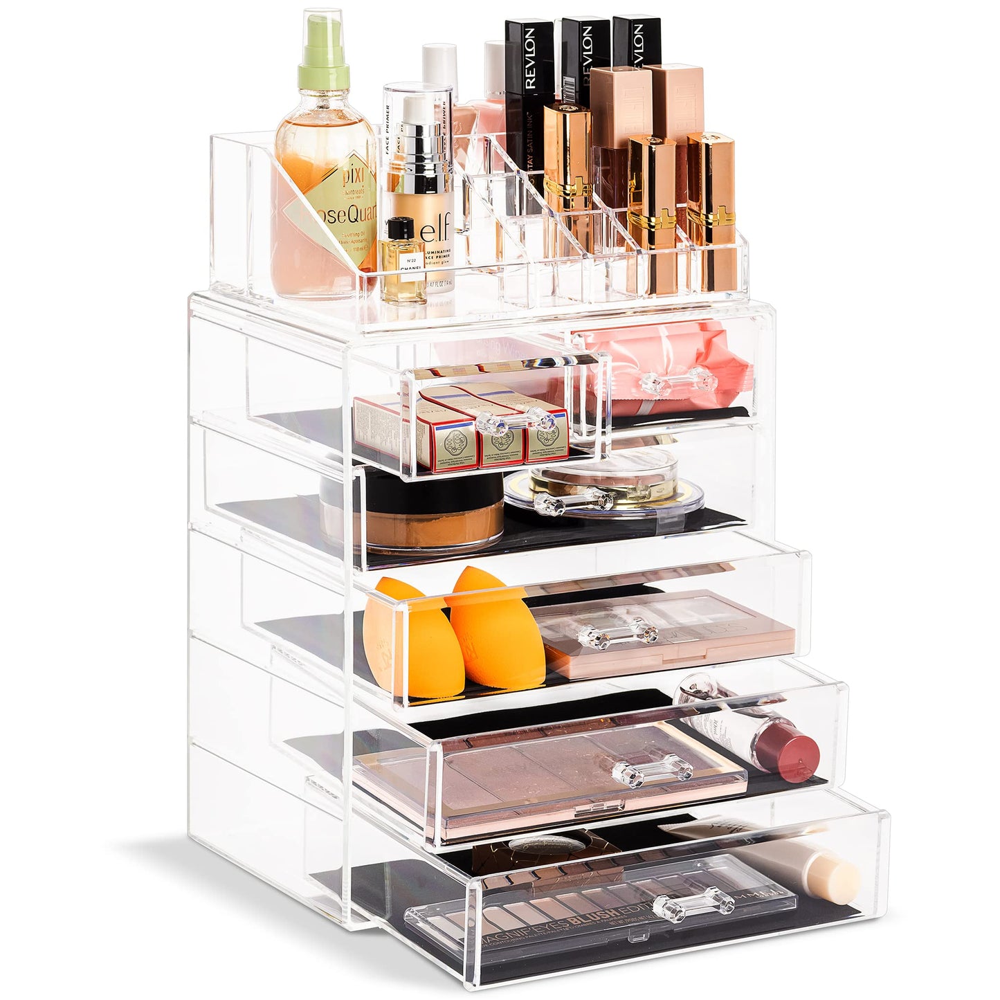 Acrylic Makeup Organizer Set, 7-Drawer Vanity & Countertop Cosmetic Storage with Small & Wide Compartments, Clear Makeup Storage for Brushes, Lipsticks, Jewelry