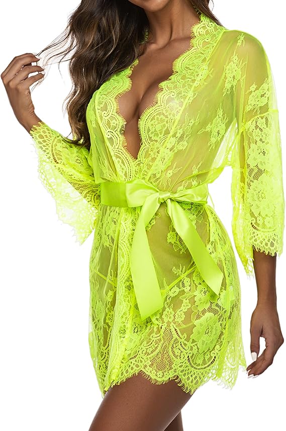 Lace Kimono Robe Babydoll Lingerie Mesh Nightgown S-5XL