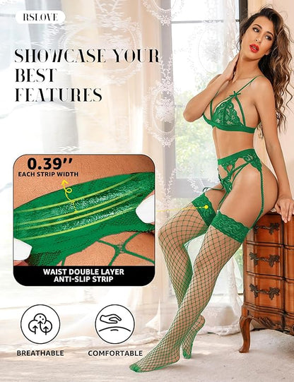 Lace Top Fishnet Thigh-High Stockings with Antiskid Silicone Sexy Stay Up Tights Pantyhose