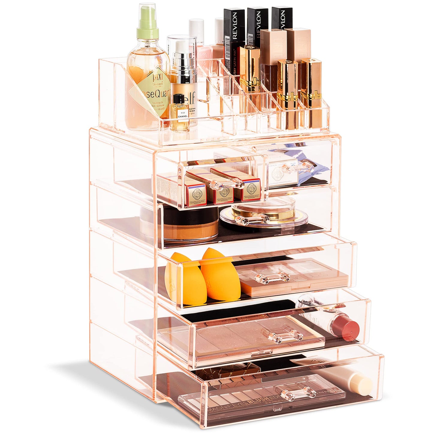 Acrylic Makeup Organizer Set, 7-Drawer Vanity & Countertop Cosmetic Storage with Small & Wide Compartments, Clear Makeup Storage for Brushes, Lipsticks, Jewelry