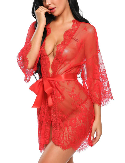 Lace Kimono Robe Babydoll Lingerie Mesh Nightgown S-5XL