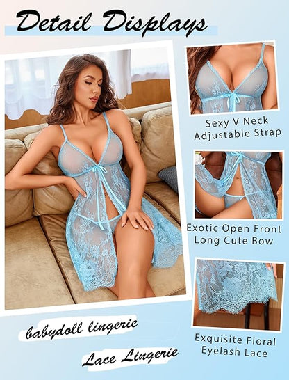 Sexy Lingerie Open Front Lace Babydoll Dress V Neck Chemise Negligee Honeymoon