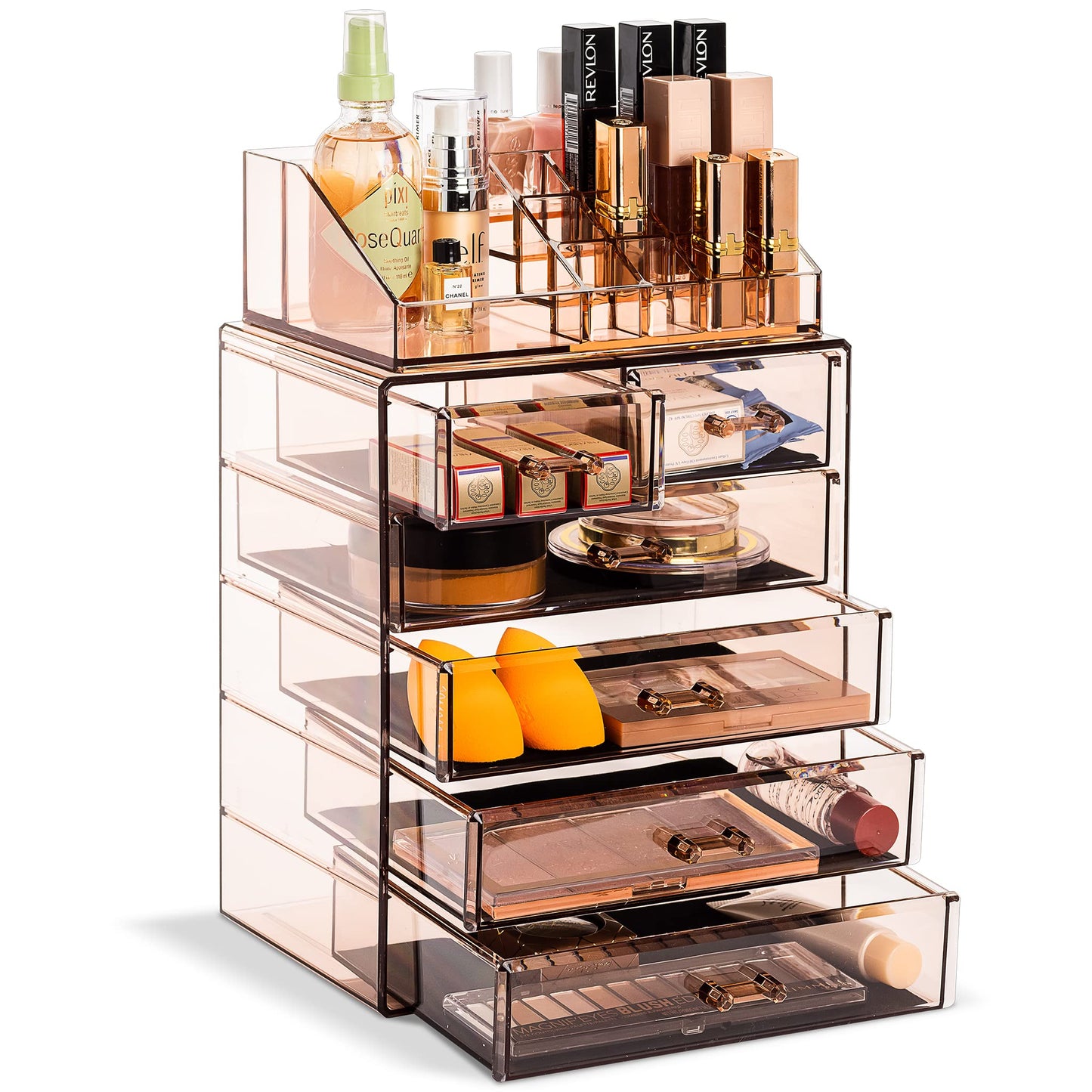 Acrylic Makeup Organizer Set, 7-Drawer Vanity & Countertop Cosmetic Storage with Small & Wide Compartments, Clear Makeup Storage for Brushes, Lipsticks, Jewelry
