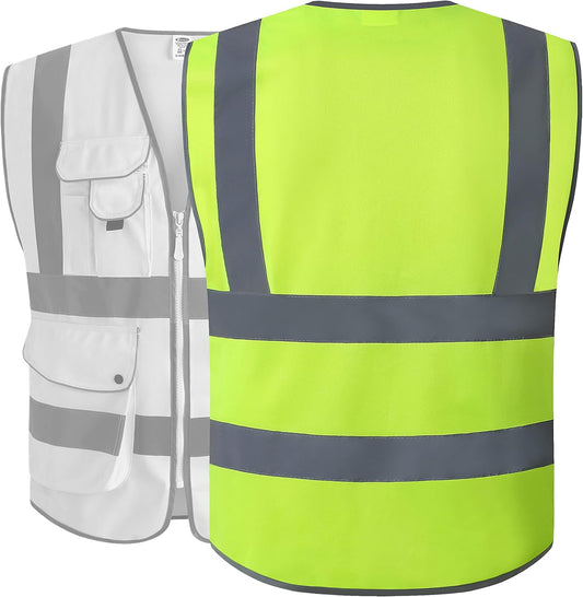 9 Pockets Class 2 High Visibility Zipper Front Safety Vest With Reflective Strips,Meets ANSI/ISEA Standard