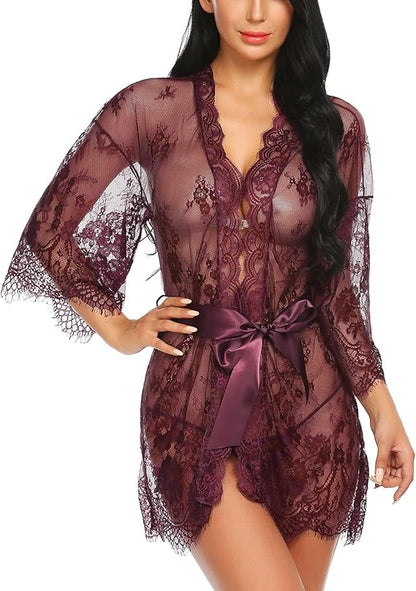 Lace Kimono Robe Babydoll Lingerie Mesh Nightgown S-5XL