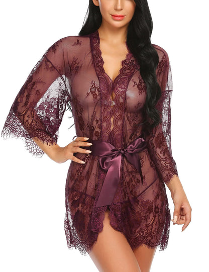Lace Kimono Robe Babydoll Lingerie Mesh Nightgown S-5XL