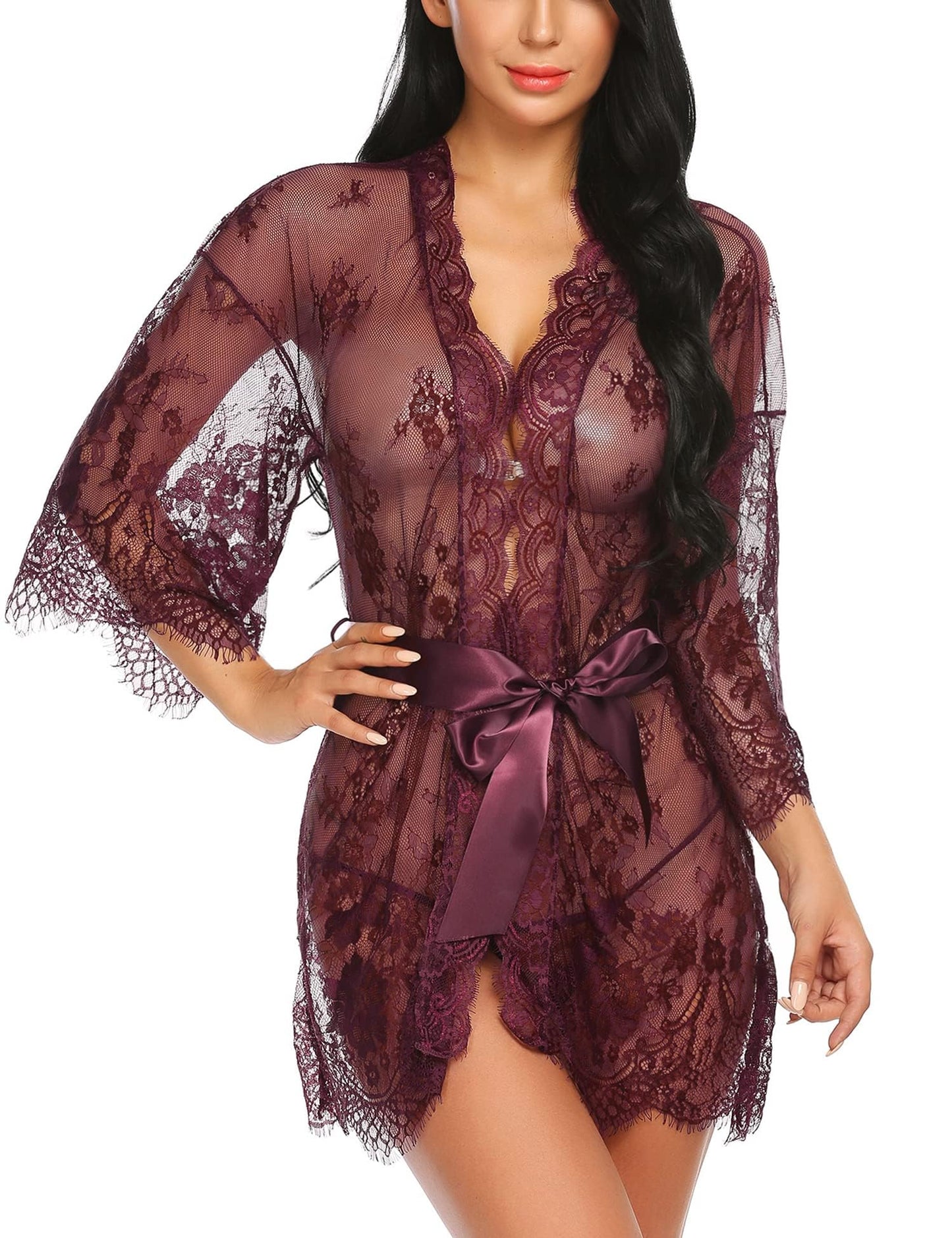 Lace Kimono Robe Babydoll Lingerie Mesh Nightgown S-5XL