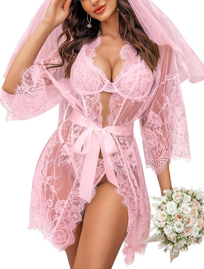 Lace Kimono Robe Babydoll Lingerie Mesh Nightgown S-5XL