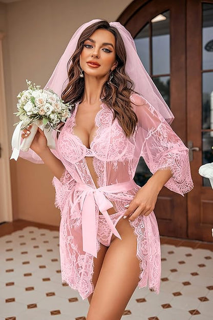 Lace Kimono Robe Babydoll Lingerie Mesh Nightgown S-5XL
